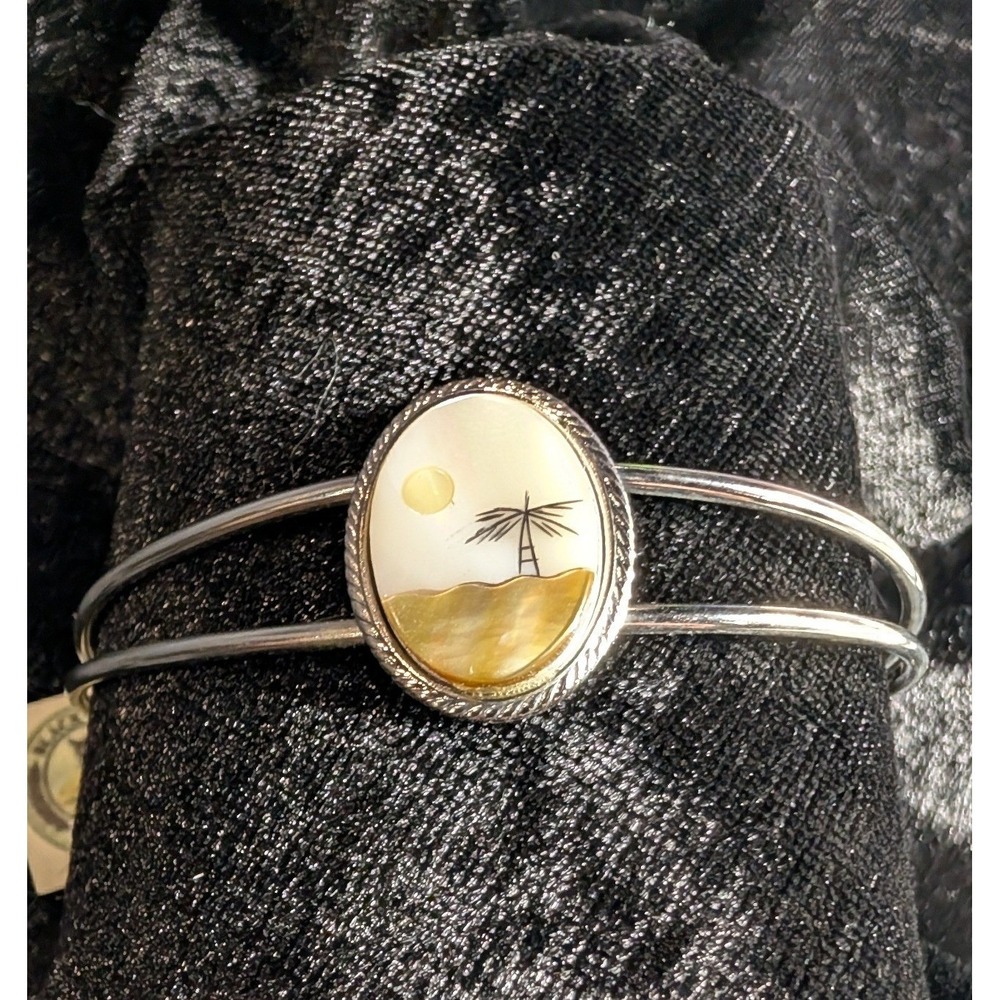 Mother of Pearl Palm Tree Inlay Cuff Bracelet Tropical Silver Tone